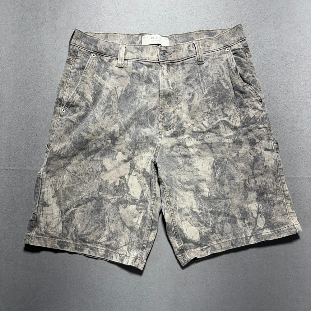 Hollister Baggy Jean Shorts Mens 36 Grey Camo Carpenter Denim Utility Pockets